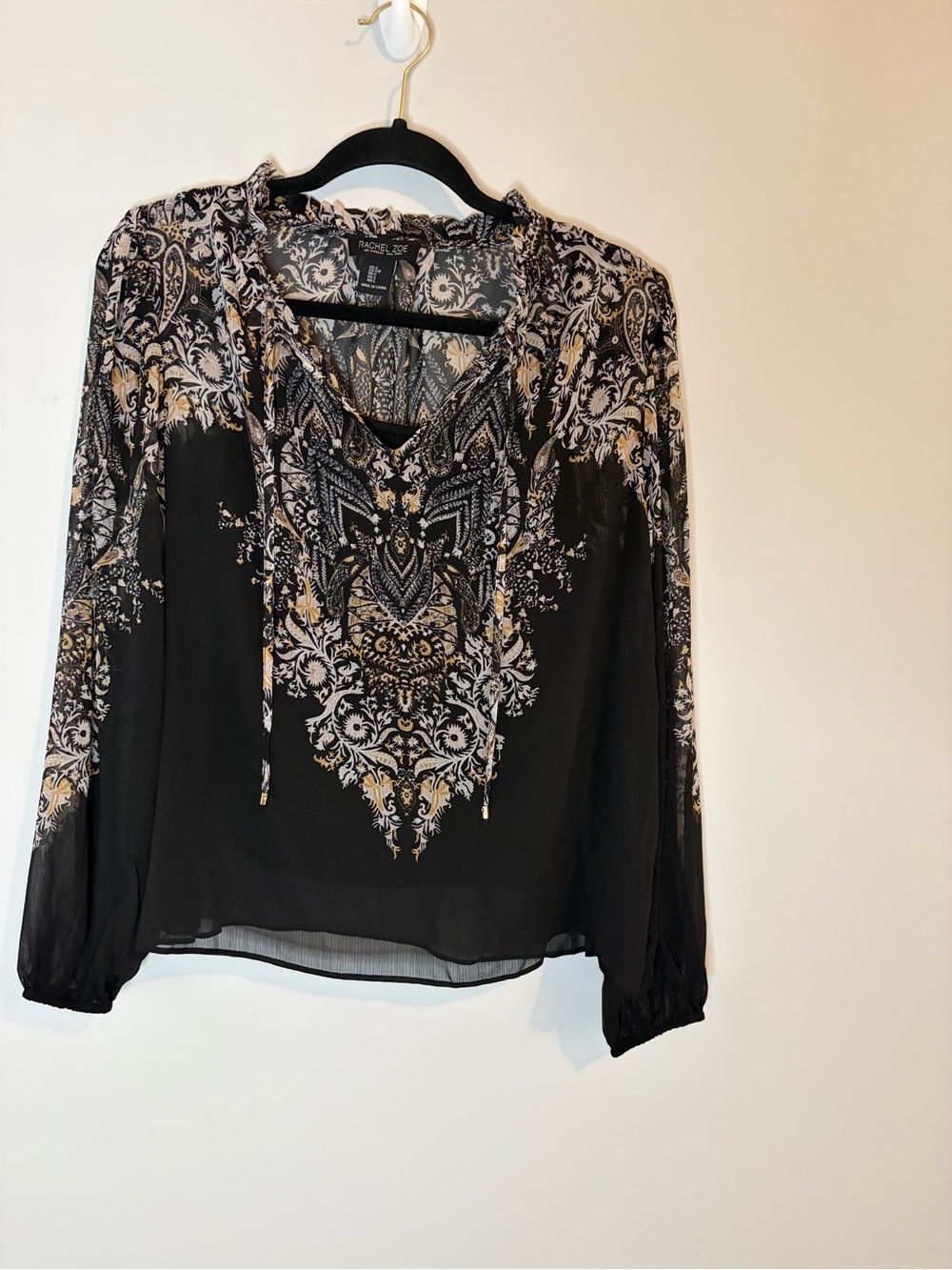 Rachel Zoe Black Sheer Paisley Tie-Neck Boho Peasant Long Sleeve Blouse